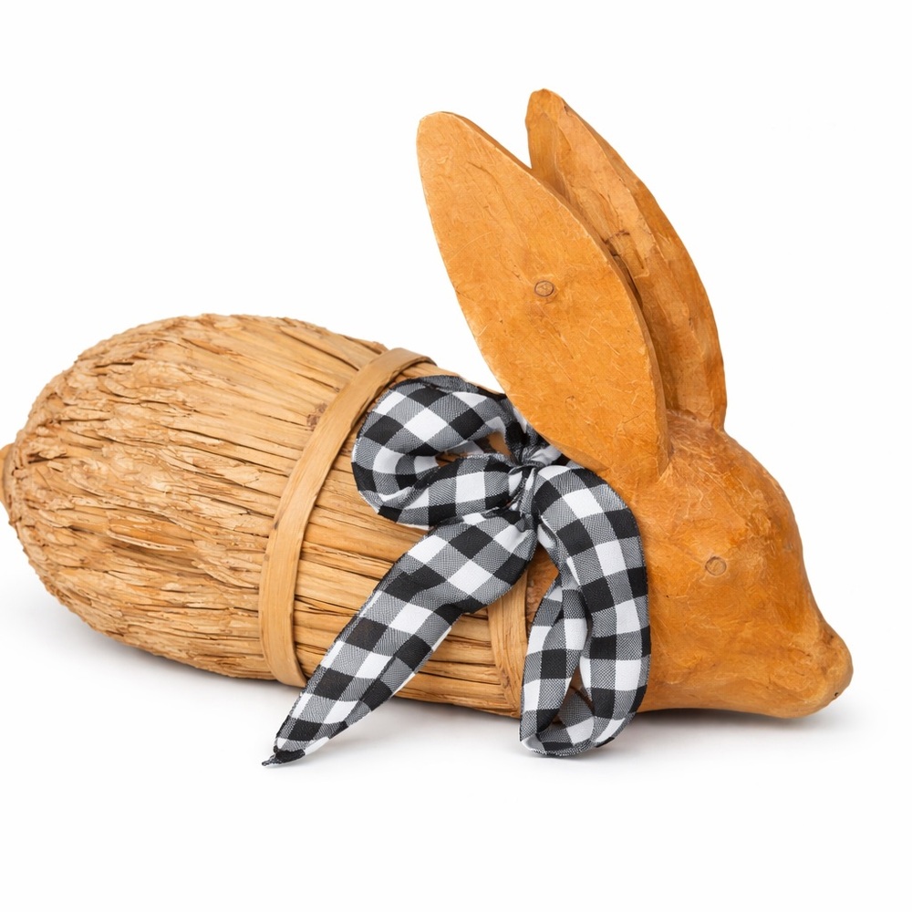 Farmhouse Wooden Bunny Decor Rustic Easter Rabbit Figurine Buffalo‎ Check Bow